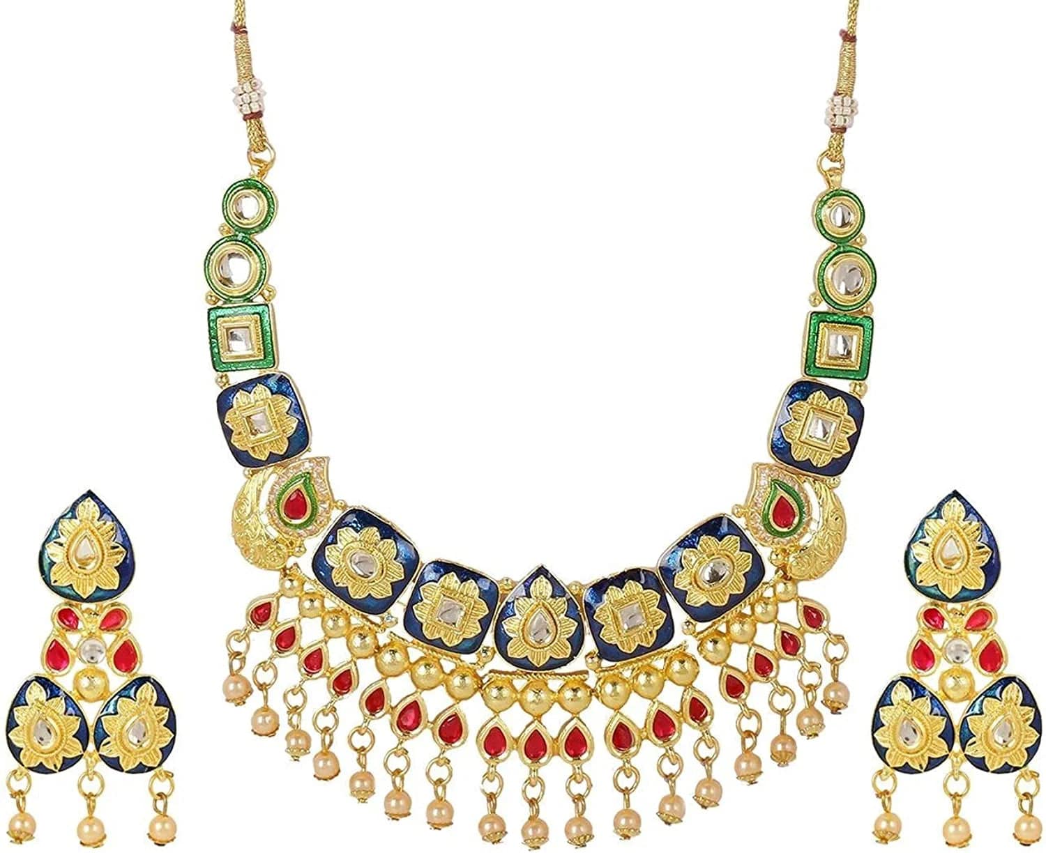Indian Faux Pearl Necklace Jewelry Set CZ Cubic Zirconia Beaded Choker Necklace Earrings Jewelry Set Style 2