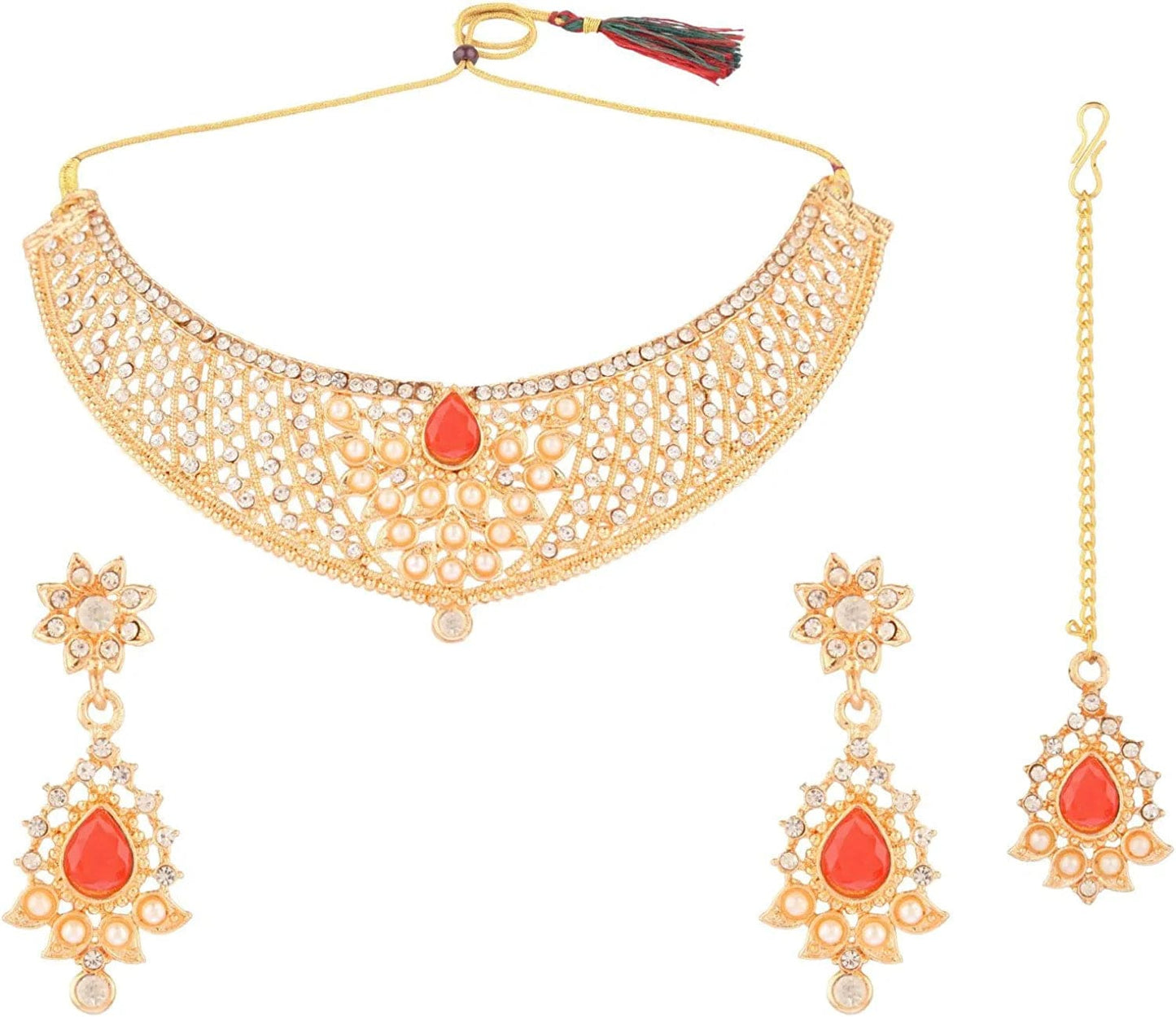 Indian Faux Pearl Necklace Jewelry Set CZ Cubic Zirconia Beaded Choker Necklace Earrings Jewelry Set Red