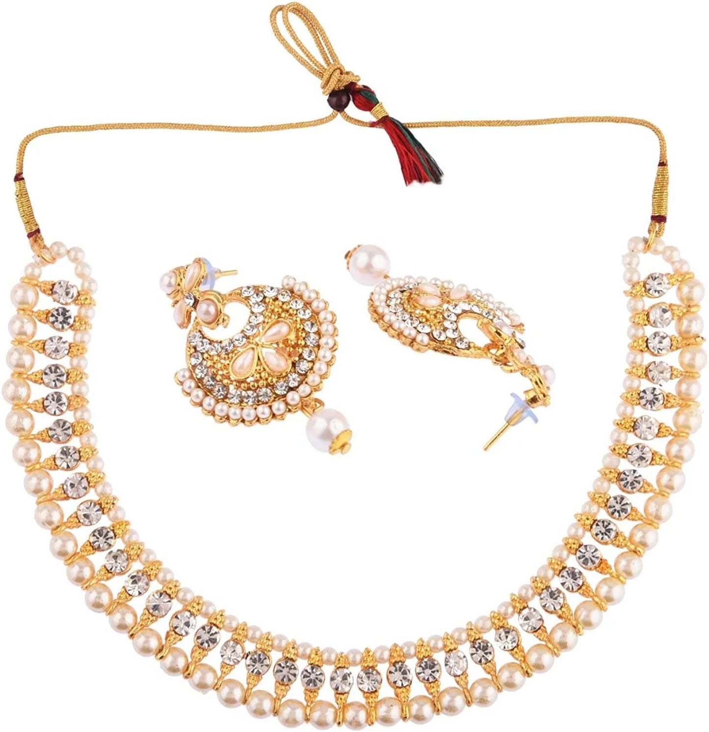 Indian Faux Pearl Necklace Jewelry Set CZ Cubic Zirconia Beaded Choker Necklace Earrings Jewelry Set