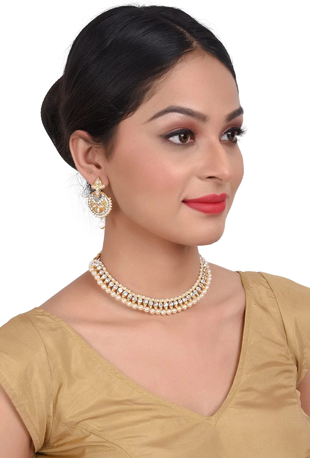 Indian Faux Pearl Necklace Jewelry Set CZ Cubic Zirconia Beaded Choker Necklace Earrings Jewelry Set