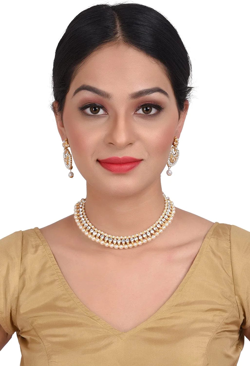 Indian Faux Pearl Necklace Jewelry Set CZ Cubic Zirconia Beaded Choker Necklace Earrings Jewelry Set