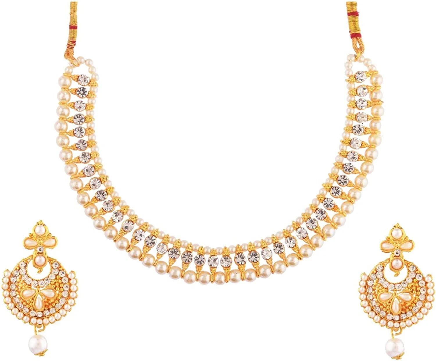 Indian Faux Pearl Necklace Jewelry Set CZ Cubic Zirconia Beaded Choker Necklace Earrings Jewelry Set Style 1