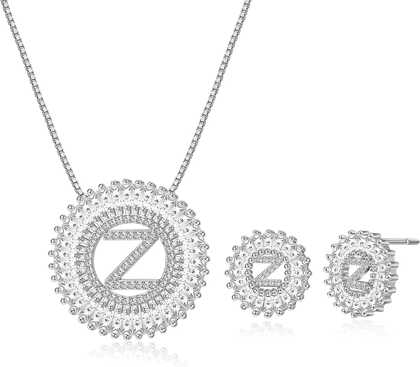 Initial Pendant Necklace Stud Earrings Jewelry Set for Women CZ Earring Studs Charm Alphabet Letter Personalized Chain Necklace 14K Real Gold Plated Z-silver tone / Brass
