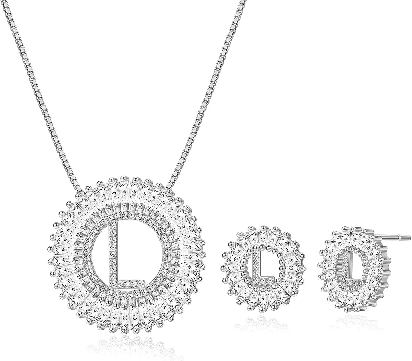 Initial Pendant Necklace Stud Earrings Jewelry Set for Women CZ Earring Studs Charm Alphabet Letter Personalized Chain Necklace 14K Real Gold Plated L-silver tone / Brass