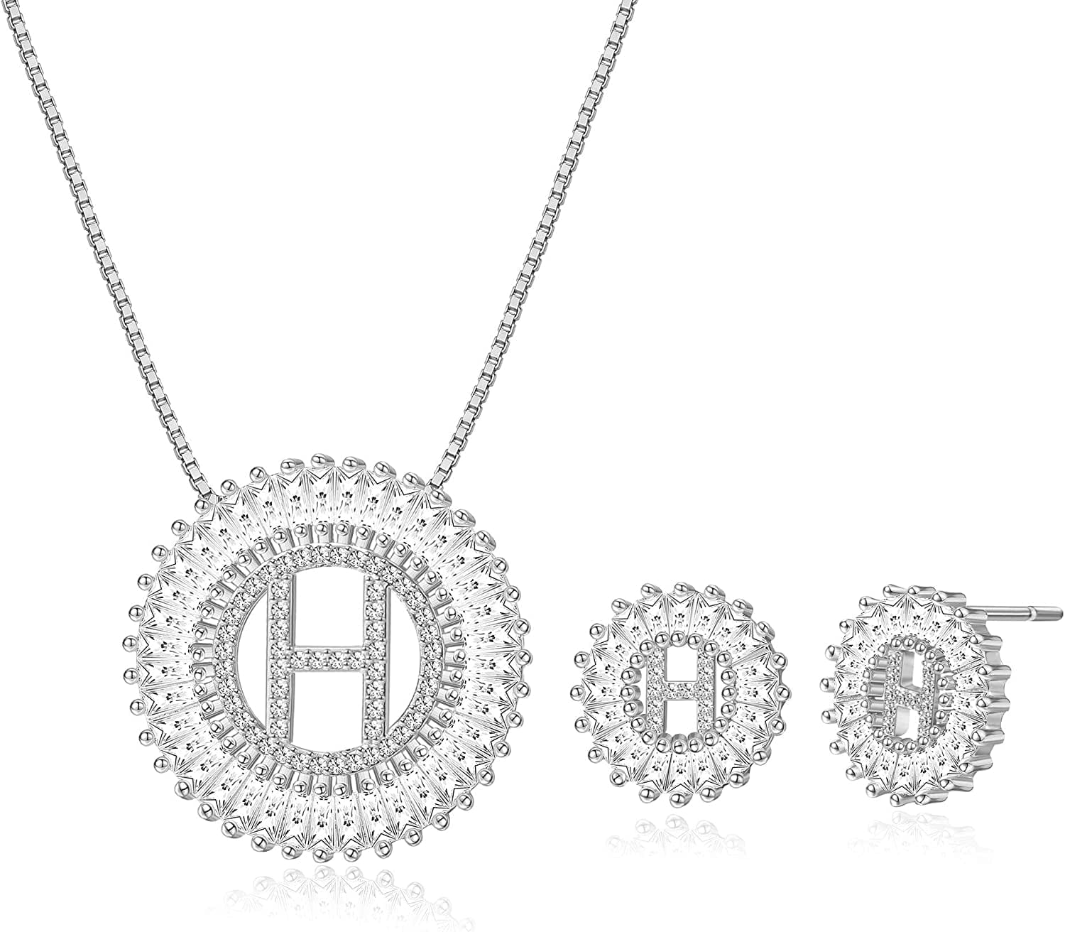 Initial Pendant Necklace Stud Earrings Jewelry Set for Women CZ Earring Studs Charm Alphabet Letter Personalized Chain Necklace 14K Real Gold Plated H-silver tone / Brass