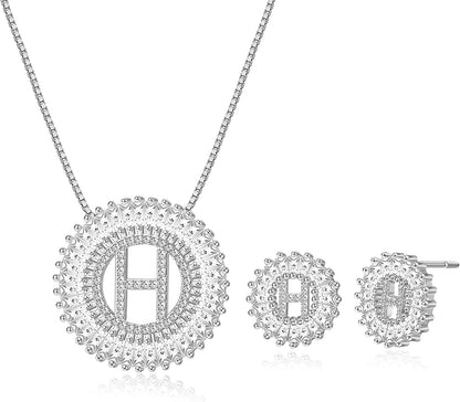 Initial Pendant Necklace Stud Earrings Jewelry Set for Women CZ Earring Studs Charm Alphabet Letter Personalized Chain Necklace 14K Real Gold Plated H-silver tone / Brass