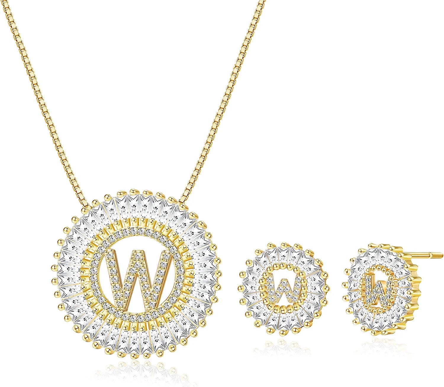 Initial Pendant Necklace Stud Earrings Jewelry Set for Women CZ Earring Studs Charm Alphabet Letter Personalized Chain Necklace 14K Real Gold Plated W-gold tone / Brass