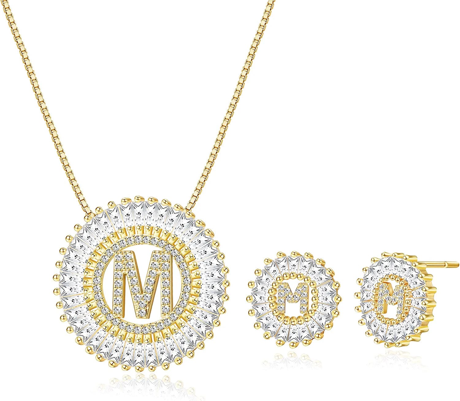 Initial Pendant Necklace Stud Earrings Jewelry Set for Women CZ Earring Studs Charm Alphabet Letter Personalized Chain Necklace 14K Real Gold Plated M-gold tone / Brass