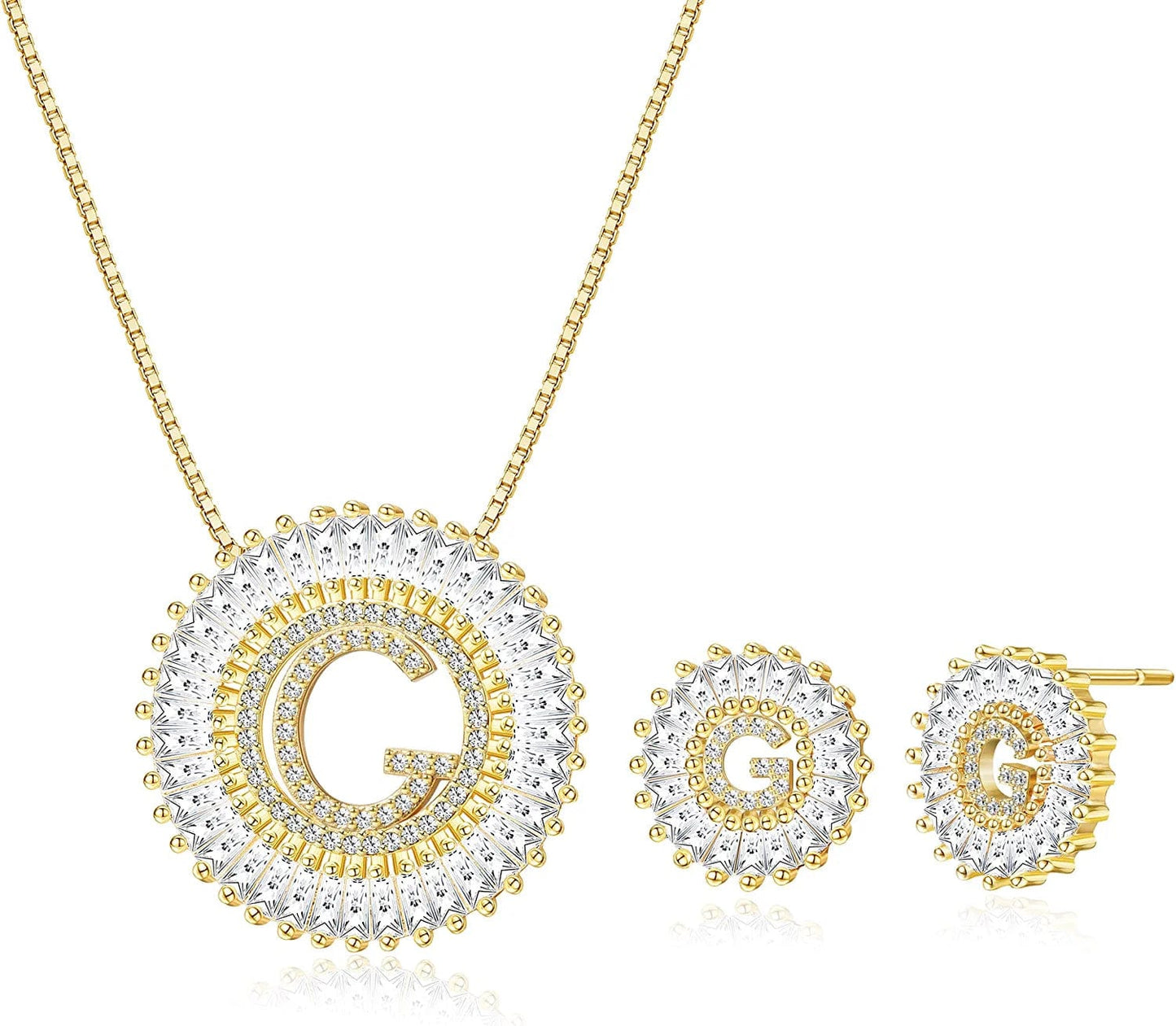 Initial Pendant Necklace Stud Earrings Jewelry Set for Women CZ Earring Studs Charm Alphabet Letter Personalized Chain Necklace 14K Real Gold Plated G-gold tone / Brass