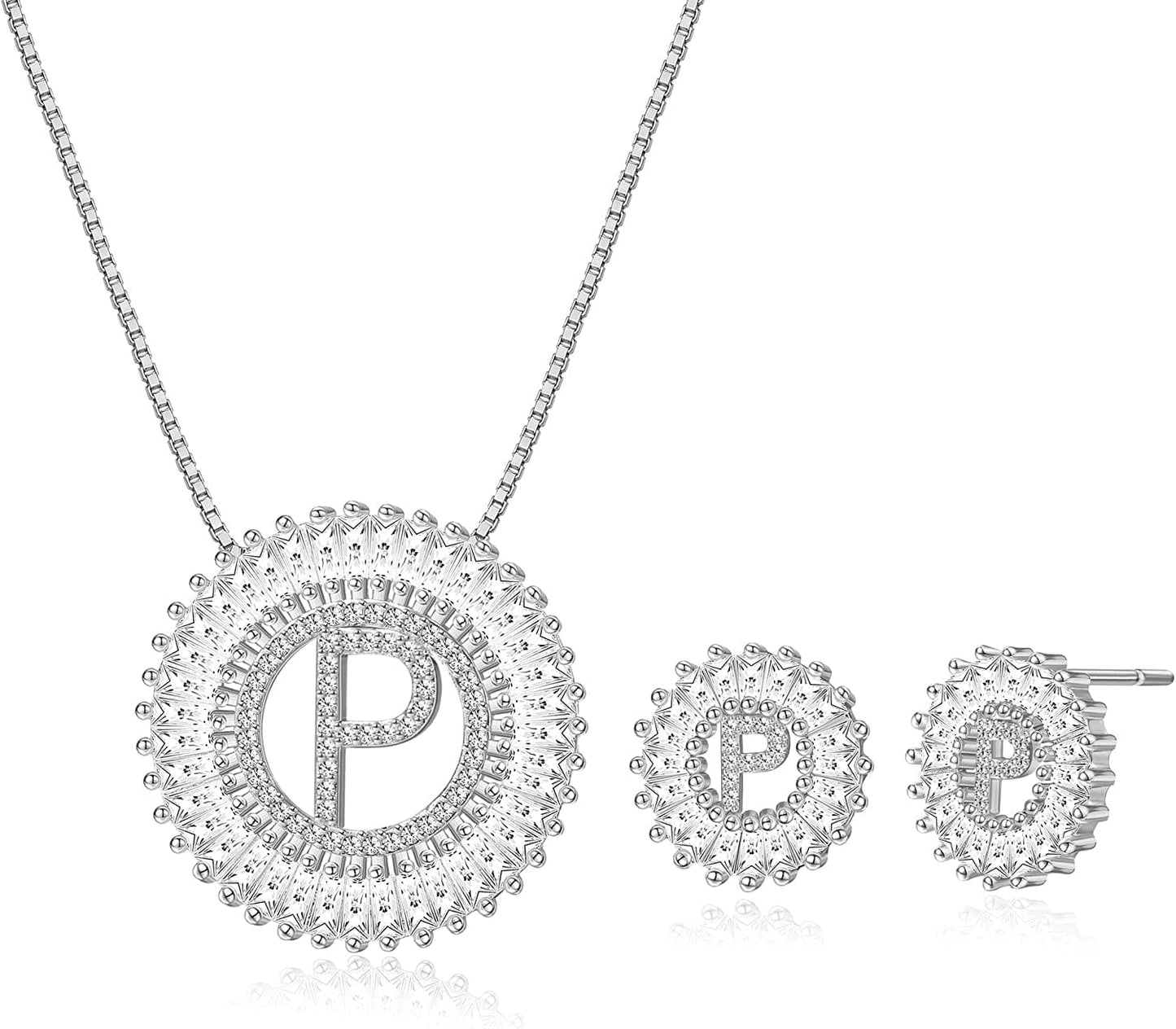 Initial Pendant Necklace Stud Earrings Jewelry Set for Women CZ Earring Studs Charm Alphabet Letter Personalized Chain Necklace 14K Real Gold Plated P-silver tone / Brass