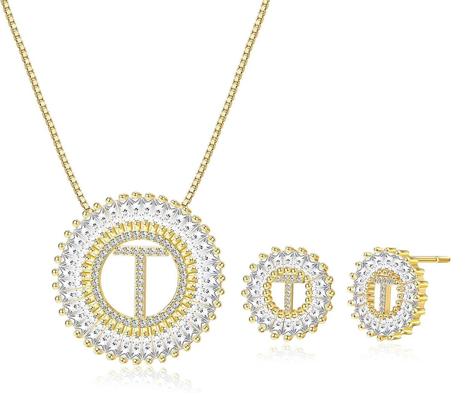 Initial Pendant Necklace Stud Earrings Jewelry Set for Women CZ Earring Studs Charm Alphabet Letter Personalized Chain Necklace 14K Real Gold Plated T-gold tone / Brass