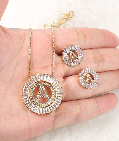 Initial Pendant Necklace Stud Earrings Jewelry Set for Women CZ Earring Studs Charm Alphabet Letter Personalized Chain Necklace 14K Real Gold Plated