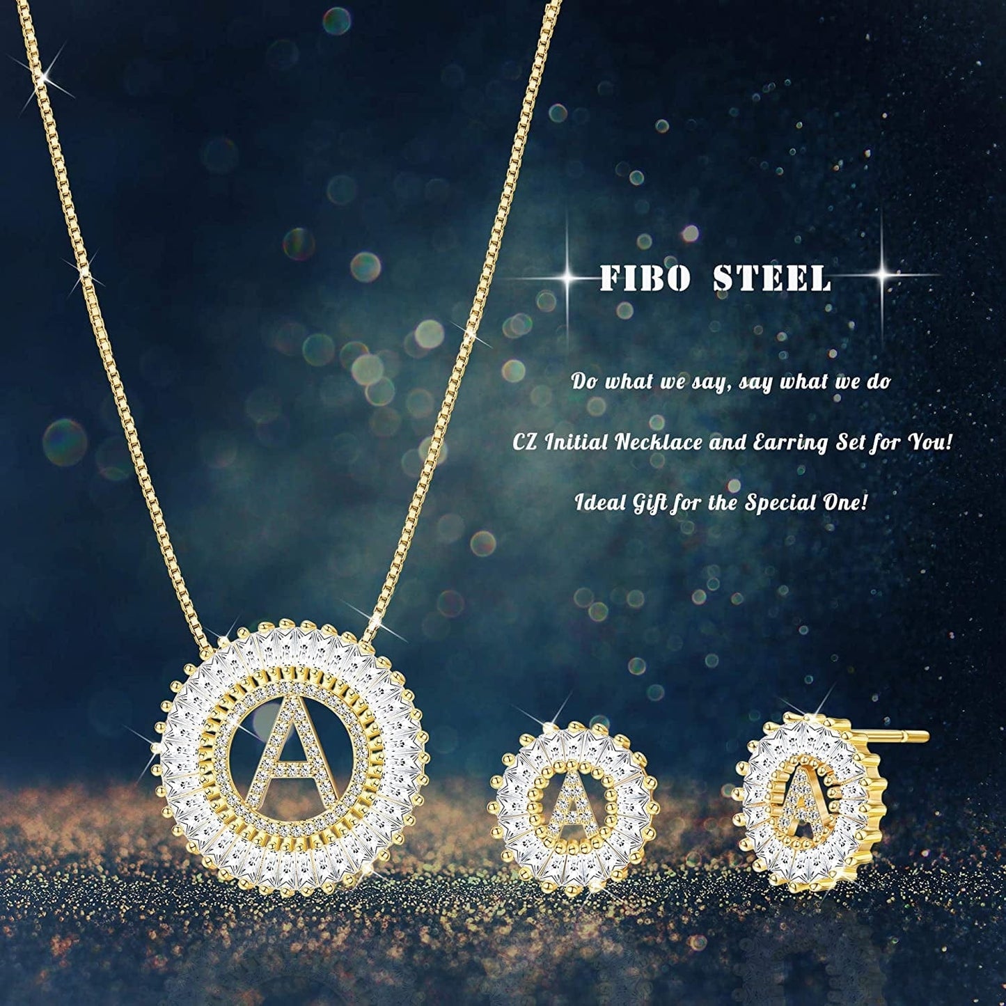 Initial Pendant Necklace Stud Earrings Jewelry Set for Women CZ Earring Studs Charm Alphabet Letter Personalized Chain Necklace 14K Real Gold Plated