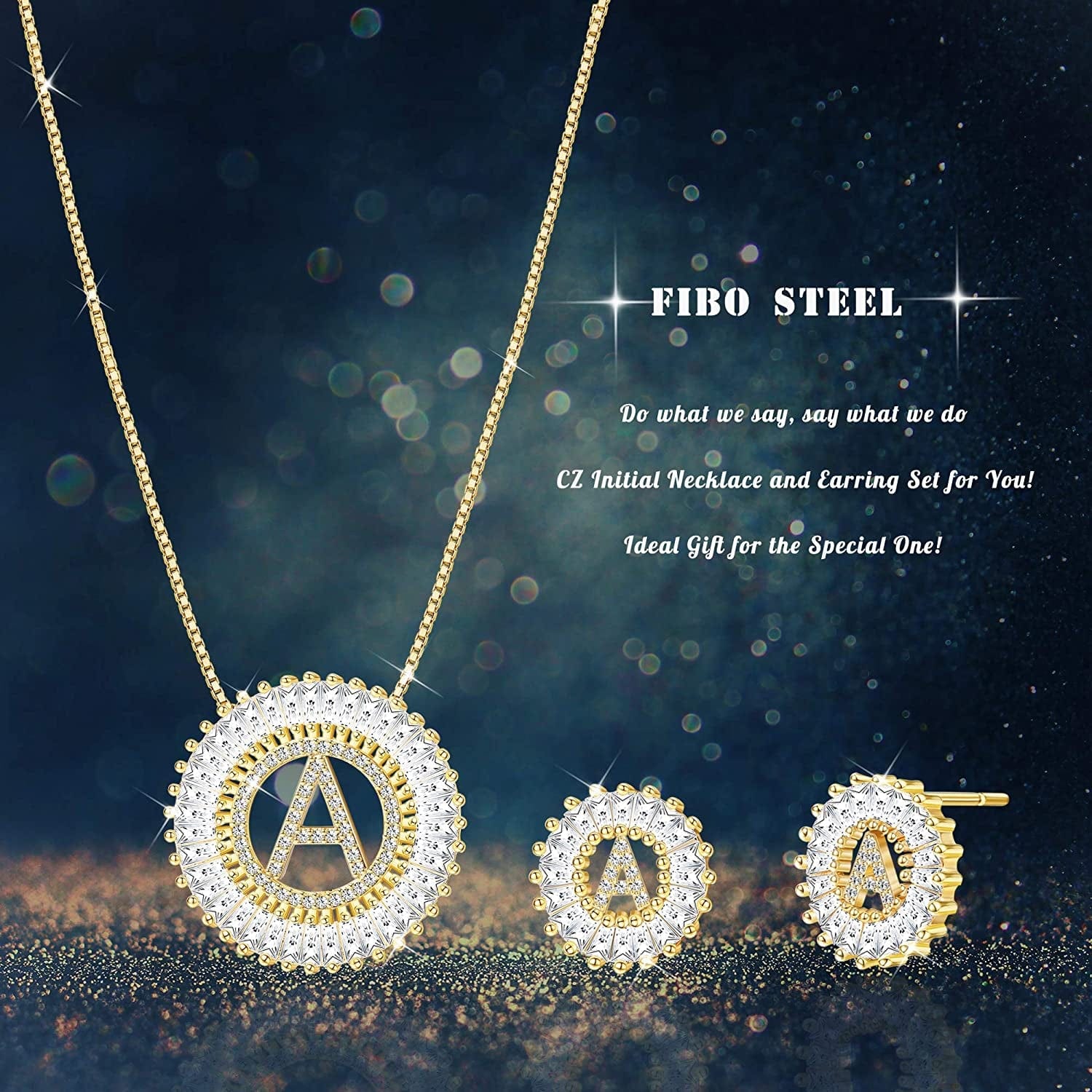 Initial Pendant Necklace Stud Earrings Jewelry Set for Women CZ Earring Studs Charm Alphabet Letter Personalized Chain Necklace 14K Real Gold Plated