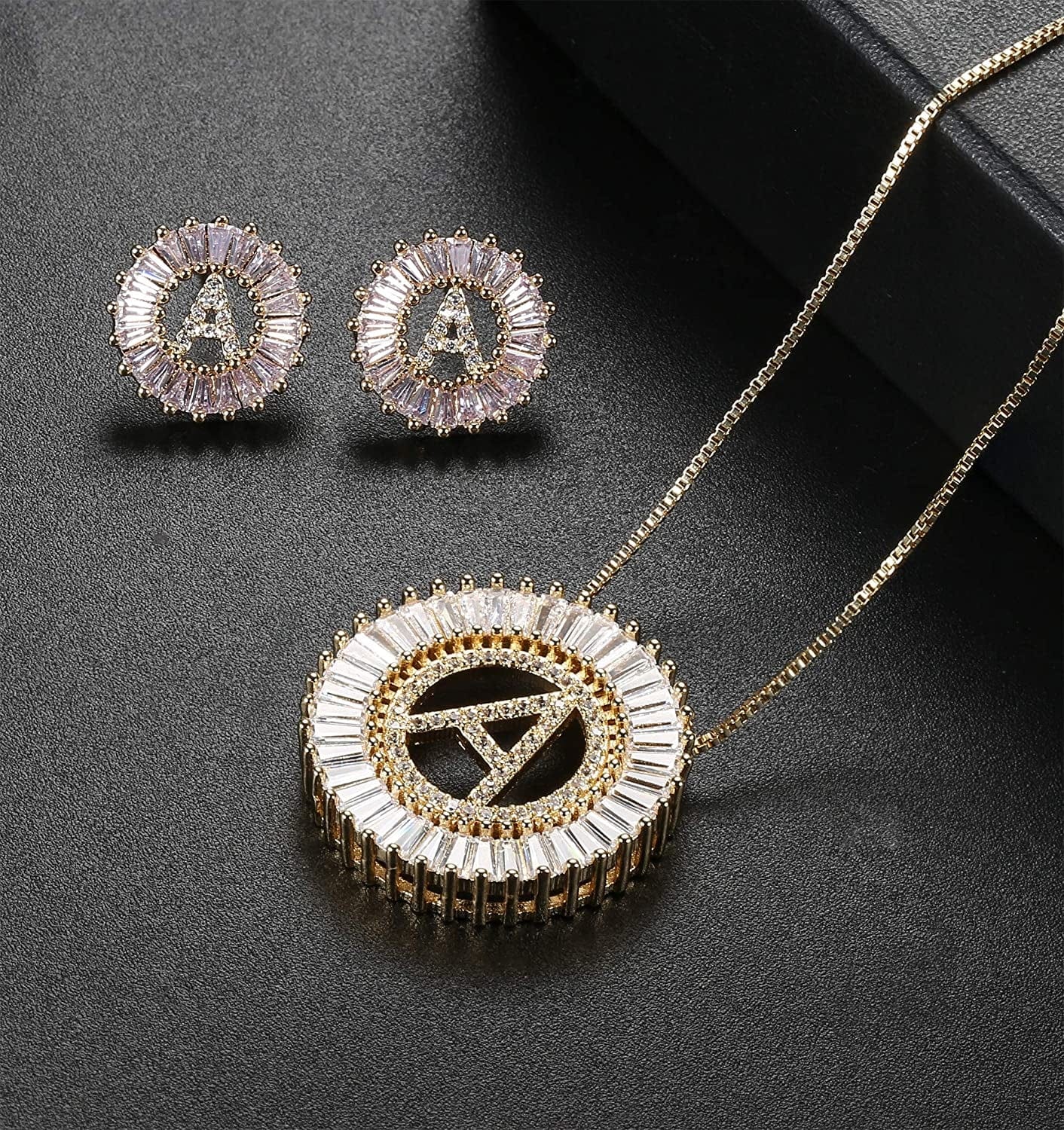 Initial Pendant Necklace Stud Earrings Jewelry Set for Women CZ Earring Studs Charm Alphabet Letter Personalized Chain Necklace 14K Real Gold Plated
