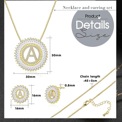 Initial Pendant Necklace Stud Earrings Jewelry Set for Women CZ Earring Studs Charm Alphabet Letter Personalized Chain Necklace 14K Real Gold Plated