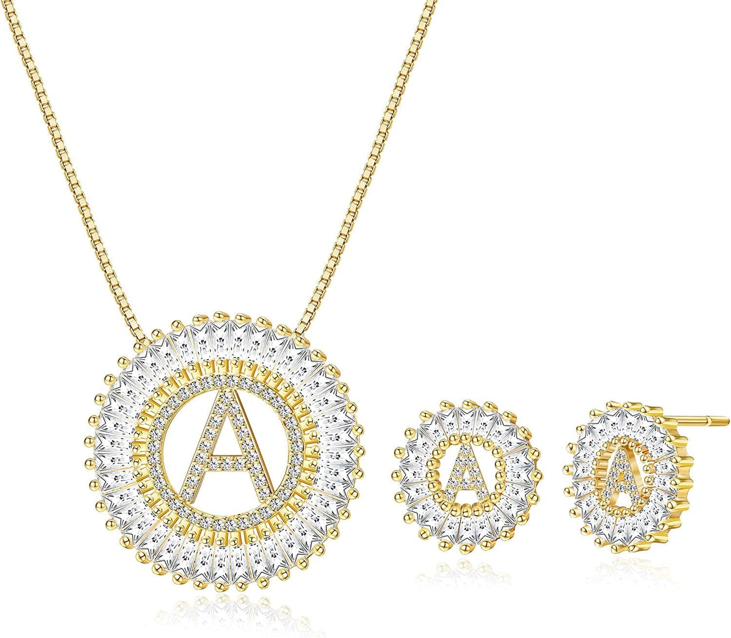 Initial Pendant Necklace Stud Earrings Jewelry Set for Women CZ Earring Studs Charm Alphabet Letter Personalized Chain Necklace 14K Real Gold Plated A-gold tone / Brass