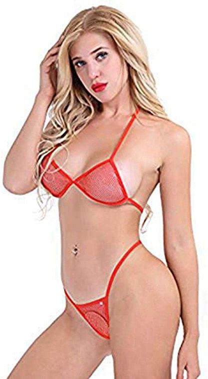 Inlzdz Women'S See-Through Fishnet Bikini Bra Top with G-String Extreme Swimwear Bathing Suit Red / Medium
