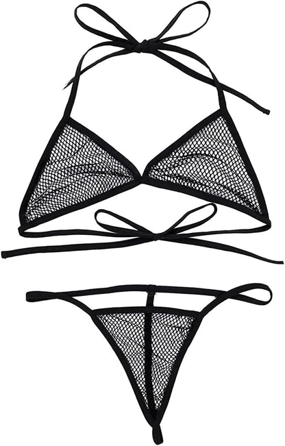 Inlzdz Women'S See-Through Fishnet Bikini Bra Top with G-String Extreme Swimwear Bathing Suit