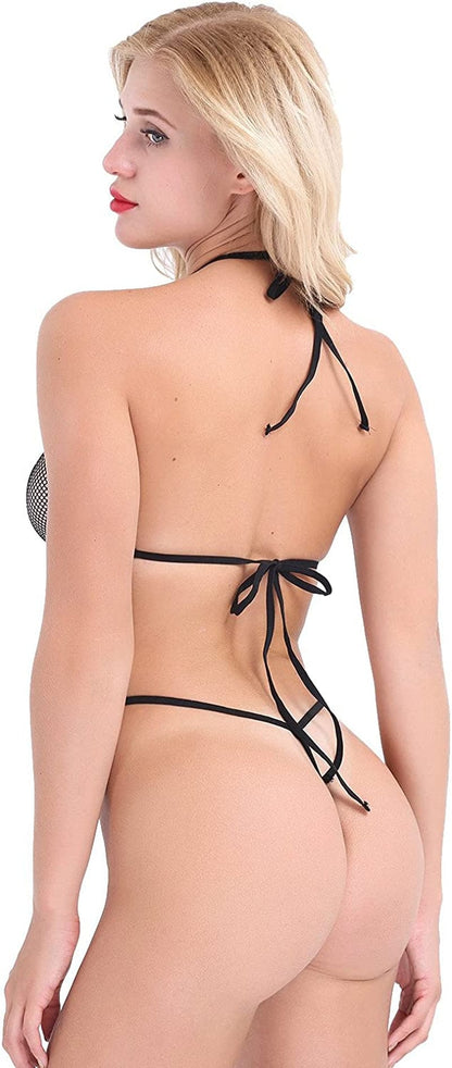 Inlzdz Women'S See-Through Fishnet Bikini Bra Top with G-String Extreme Swimwear Bathing Suit