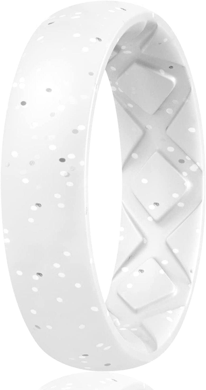 Inner Arc Ergonomic Breathable Design, Silicone Rings for Women with Half Sizes, Women'S Silicone Wedding Band, 6Mm Wide - 2Mm Thick SETM4-White Silver Glitter / 9(18.9mm)