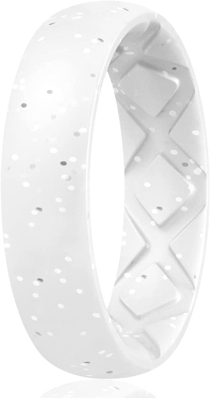 Inner Arc Ergonomic Breathable Design, Silicone Rings for Women with Half Sizes, Women'S Silicone Wedding Band, 6Mm Wide - 2Mm Thick SETM4-White Silver Glitter / 9(18.9mm)