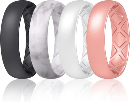 Inner Arc Ergonomic Breathable Design, Silicone Rings for Women with Half Sizes, Women'S Silicone Wedding Band, 6Mm Wide - 2Mm Thick SETO-Black,Marble,Rose Gold,Pearl / 9(18.9mm)
