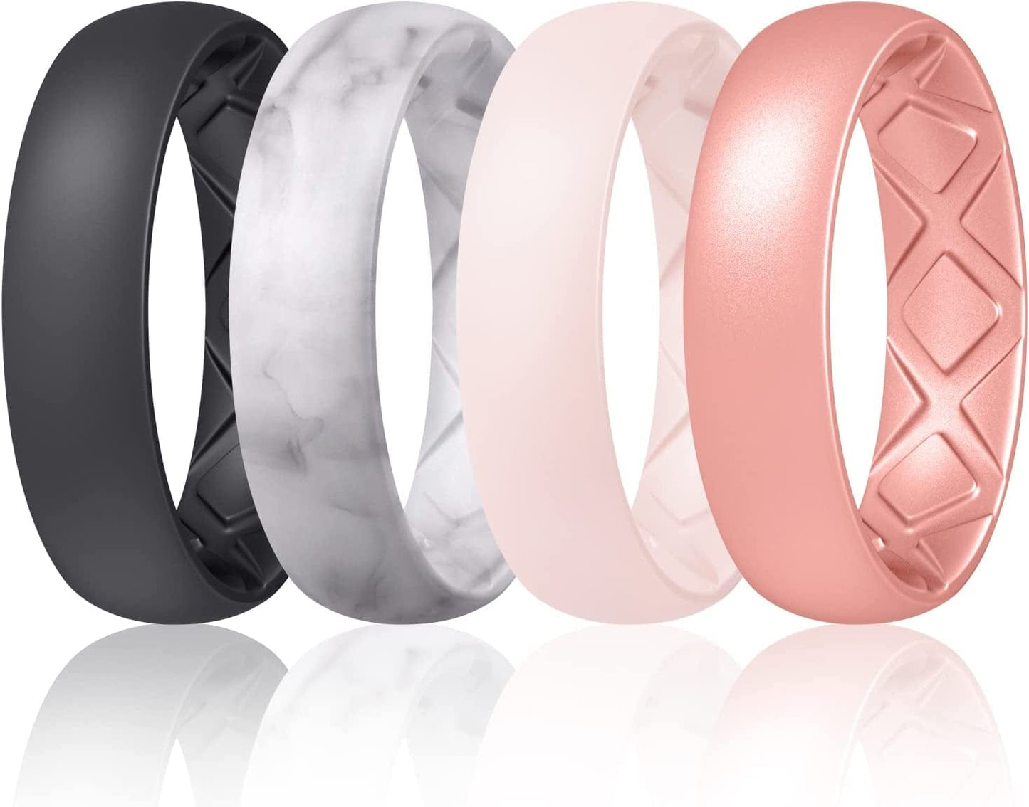 Inner Arc Ergonomic Breathable Design, Silicone Rings for Women with Half Sizes, Women'S Silicone Wedding Band, 6Mm Wide - 2Mm Thick SETN-Black,Marble,Rose Gold,Pink-white / 8(18.1mm)