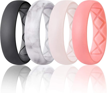 Inner Arc Ergonomic Breathable Design, Silicone Rings for Women with Half Sizes, Women'S Silicone Wedding Band, 6Mm Wide - 2Mm Thick SETA-Black, Marble, Whitepink, Faint Red / 3.5(14.8mm)