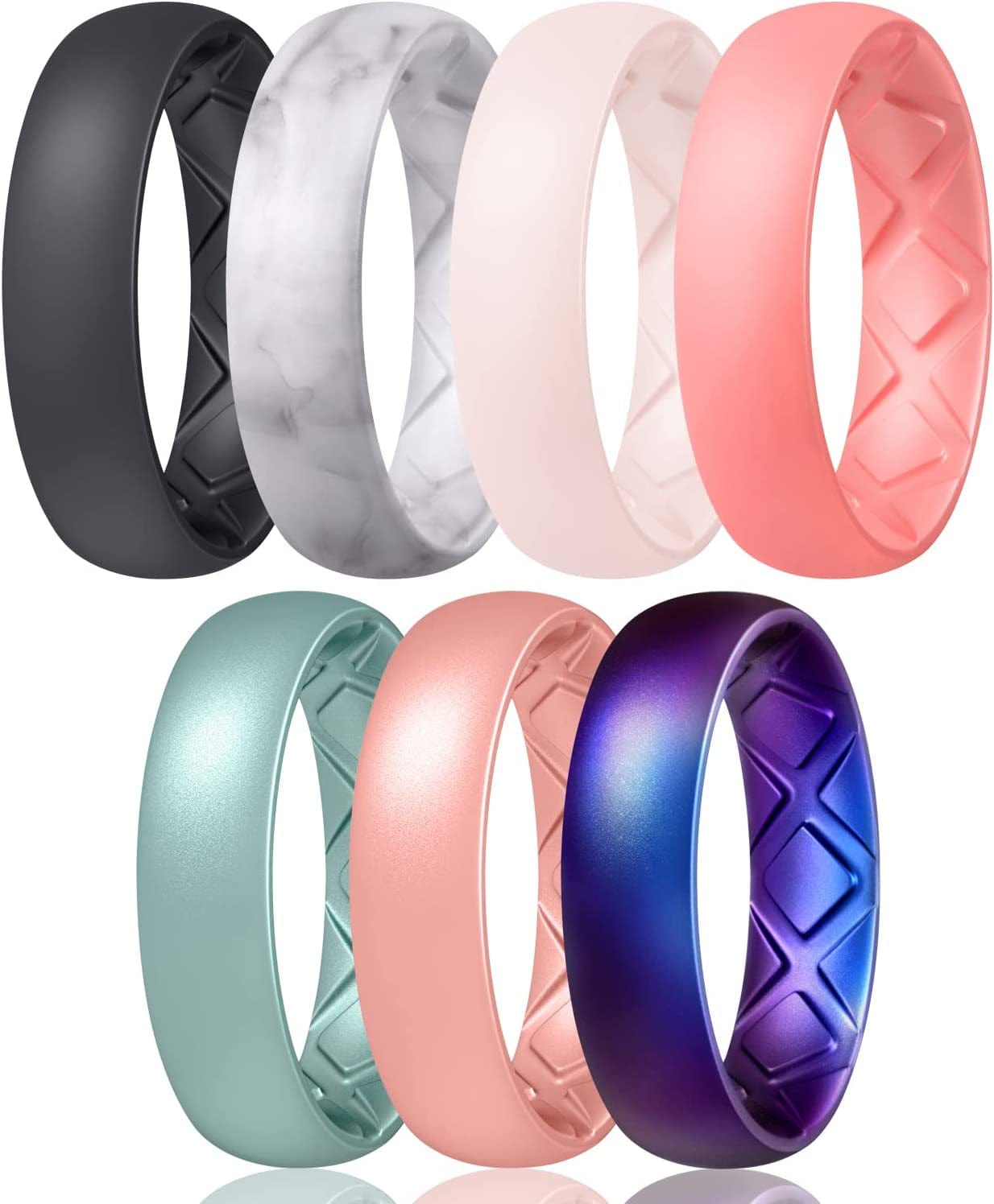Inner Arc Ergonomic Breathable Design, Silicone Rings for Women with Half Sizes, Women'S Silicone Wedding Band, 6Mm Wide - 2Mm Thick SETB2-Black, Marble, Whitepink, Faint Red, Metallic Blue, Light Rose Gold, Galaxy / 9(18.9mm)