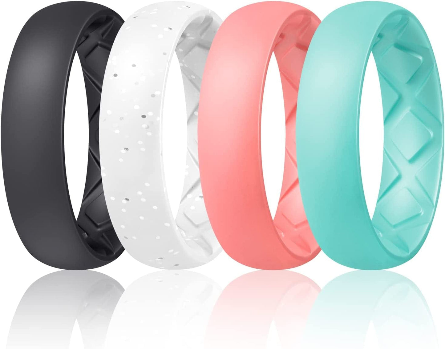 Inner Arc Ergonomic Breathable Design, Silicone Rings for Women with Half Sizes, Women'S Silicone Wedding Band, 6Mm Wide - 2Mm Thick SETC4-Black, White Silver Glitter, Faint Red, Mint Green / 5(15.7mm)