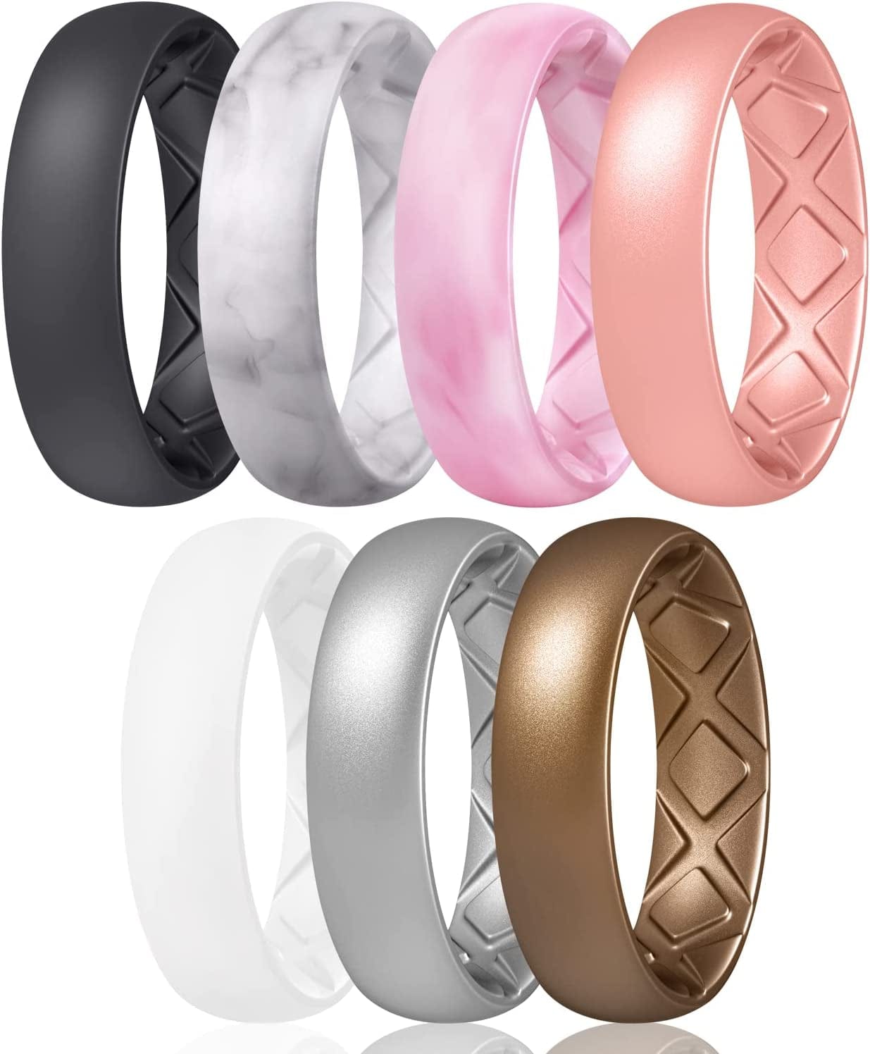 Inner Arc Ergonomic Breathable Design, Silicone Rings for Women with Half Sizes, Women'S Silicone Wedding Band, 6Mm Wide - 2Mm Thick SETD1-Black,Marble,Light Red Camo,Rose Gold,White,Metallic Silver,Bronze / 6.5(16.9mm)