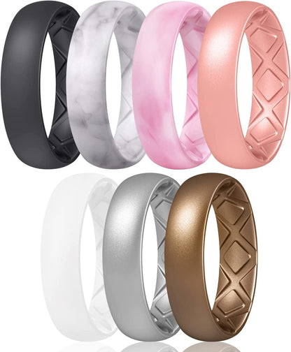 Inner Arc Ergonomic Breathable Design, Silicone Rings for Women with Half Sizes, Women'S Silicone Wedding Band, 6Mm Wide - 2Mm Thick SETD1-Black,Marble,Light Red Camo,Rose Gold,White,Metallic Silver,Bronze / 6.5(16.9mm)