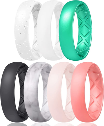 Inner Arc Ergonomic Breathable Design, Silicone Rings for Women with Half Sizes, Women'S Silicone Wedding Band, 6Mm Wide - 2Mm Thick SETE-Black, Marble, WhitePink, Faint Red,White,White Silver Glitter,Metallic Turquoise / 9(18.9mm)