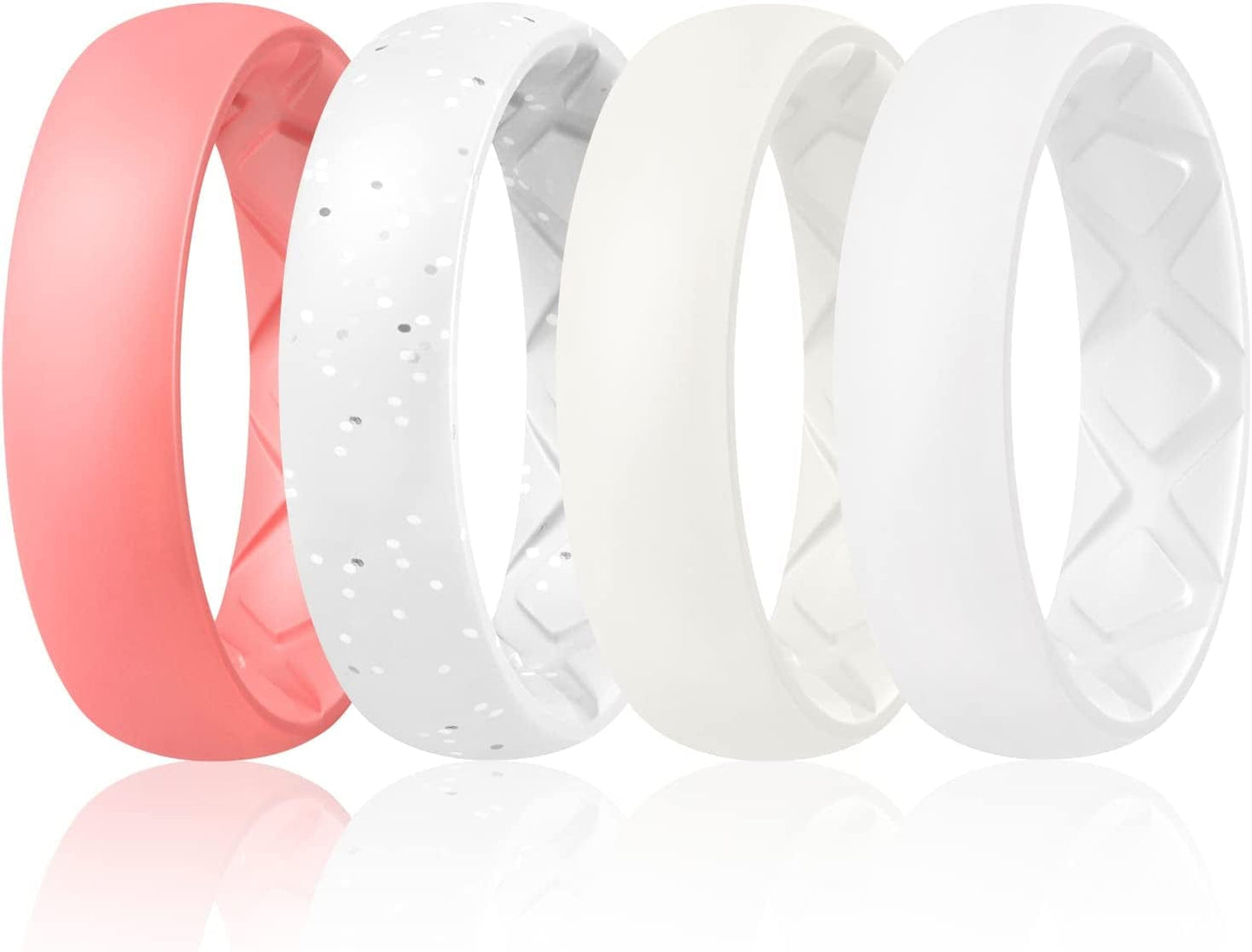 Inner Arc Ergonomic Breathable Design, Silicone Rings for Women with Half Sizes, Women'S Silicone Wedding Band, 6Mm Wide - 2Mm Thick SETB-Faint Red, White Silver Glitter, Ivory, White / 5.5(16.1mm)