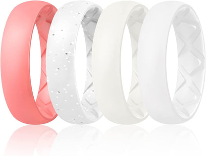 Inner Arc Ergonomic Breathable Design, Silicone Rings for Women with Half Sizes, Women'S Silicone Wedding Band, 6Mm Wide - 2Mm Thick SETB-Faint Red, White Silver Glitter, Ivory, White / 5.5(16.1mm)