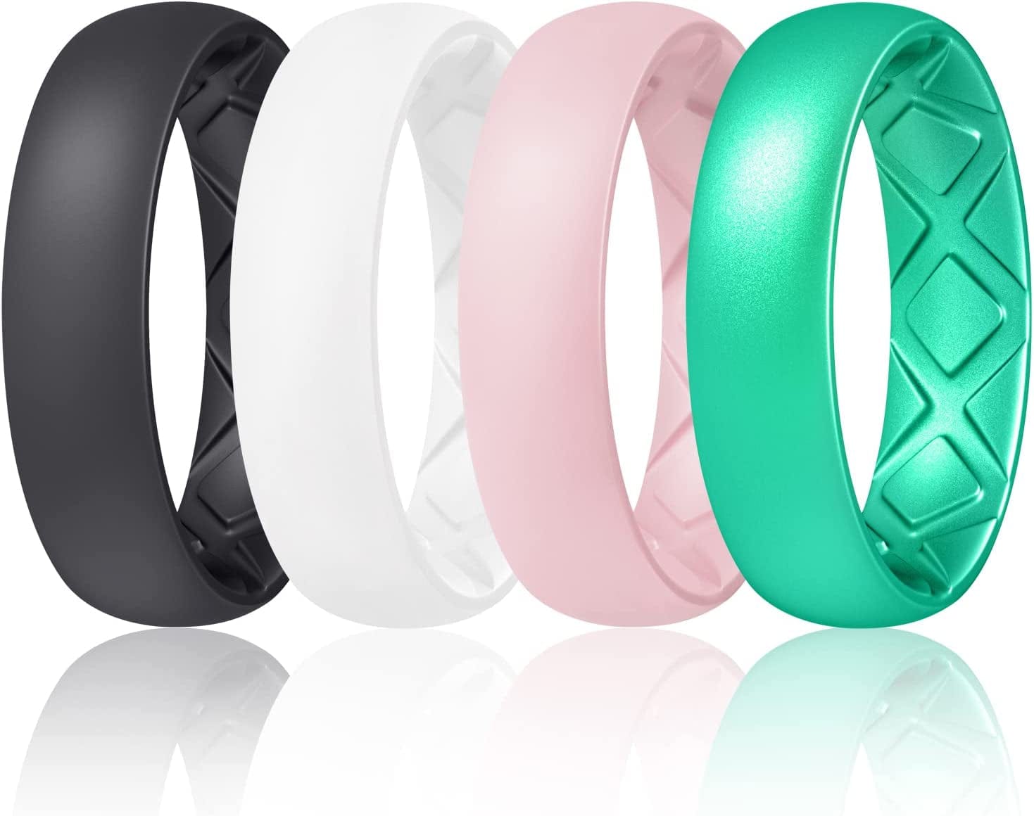 Inner Arc Ergonomic Breathable Design, Silicone Rings for Women with Half Sizes, Women'S Silicone Wedding Band, 6Mm Wide - 2Mm Thick SETC-Black, White, Pink Sand, Metallic Turquoise / 6.5(16.9mm)