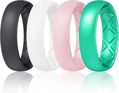 Inner Arc Ergonomic Breathable Design, Silicone Rings for Women with Half Sizes, Women'S Silicone Wedding Band, 6Mm Wide - 2Mm Thick SETC-Black, White, Pink Sand, Metallic Turquoise / 6.5(16.9mm)
