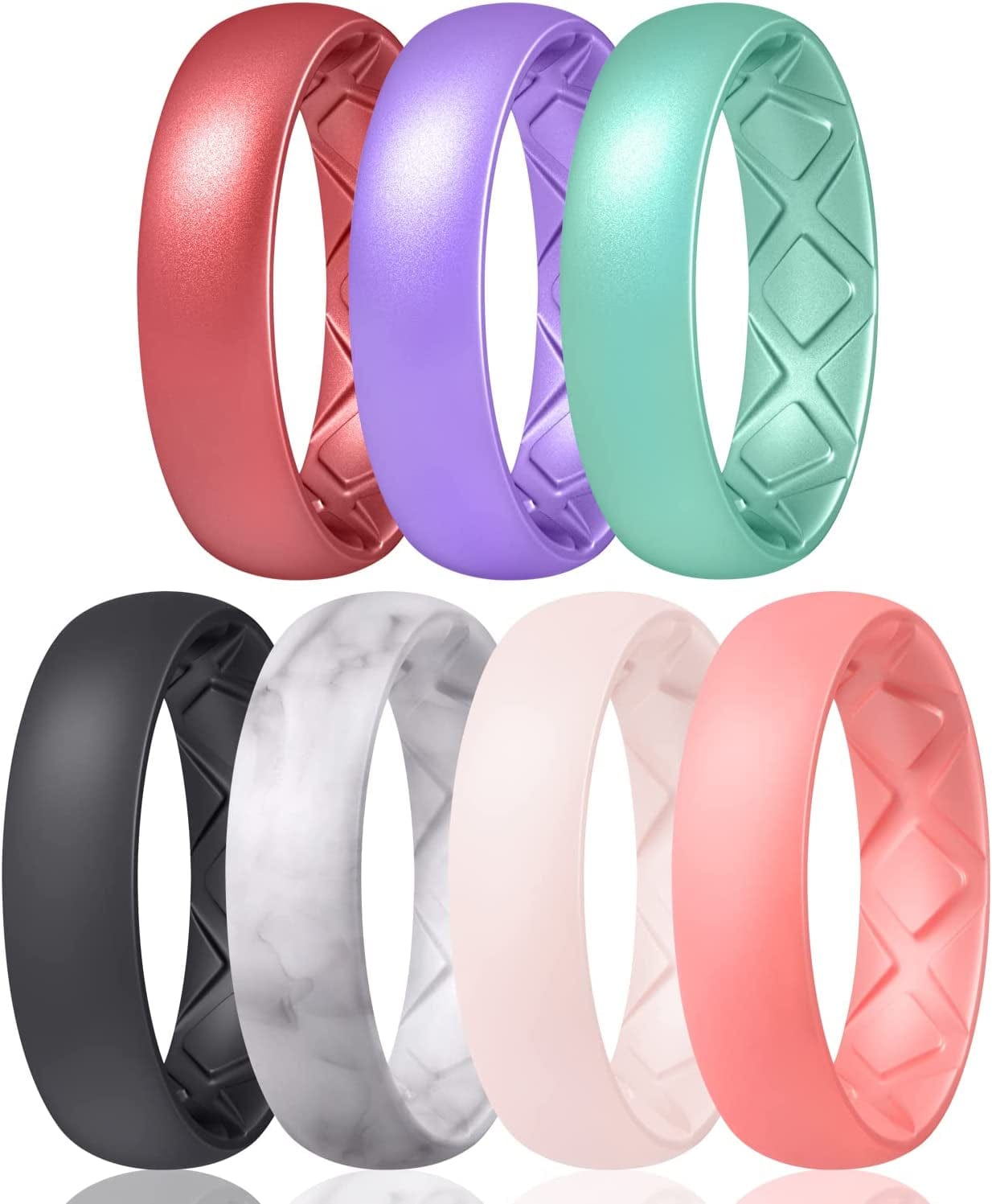 Inner Arc Ergonomic Breathable Design, Silicone Rings for Women with Half Sizes, Women'S Silicone Wedding Band, 6Mm Wide - 2Mm Thick SETF-Metallic Wine Red, Metallic Star Sky Purple, Metallic Pearl, Black, Marble, WhitePink, Faint Red / 6.5(16.9mm)
