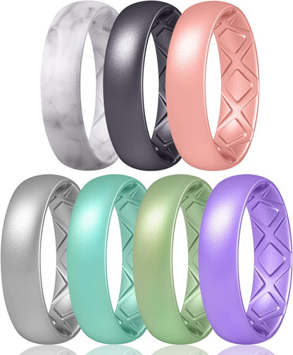 Inner Arc Ergonomic Breathable Design, Silicone Rings for Women with Half Sizes, Women'S Silicone Wedding Band, 6Mm Wide - 2Mm Thick SETB7-Marble, Metallic Black, Rose Gold, Metallic Silver, Metallic Pearl, Metallic laser cyan, Metallic Star Sky Purple / 8(18.1mm)