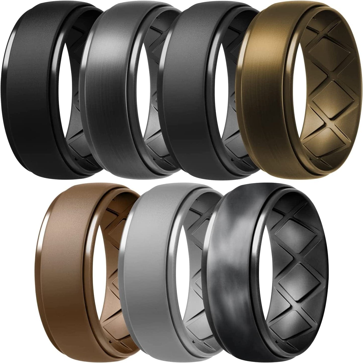 Inner Arc Ergonomic Breathable Design, Silicone Rings Mens with Half Sizes, 7 Rings / 4 Rings / 1 Ring Rubber Wedding Bands, 10Mm Wide-2.5Mm Thick… SETB-Black,Black Gray,Black Camo,Light Gray, Dark silver,Bronze,Light Brown / 9.5(19.4mm)