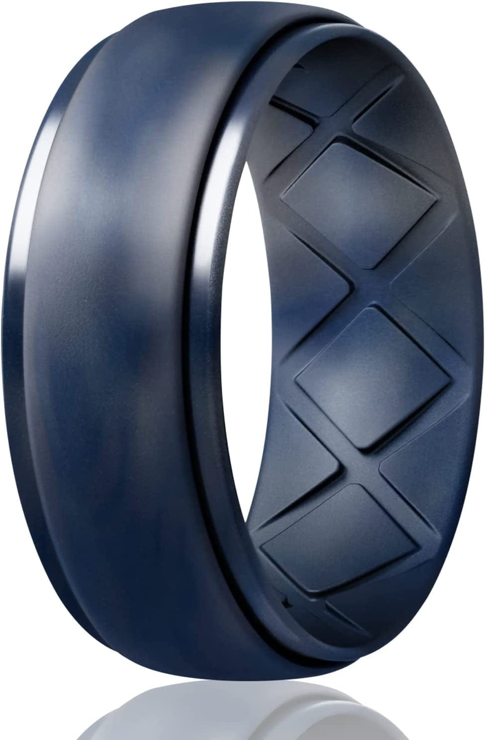 Inner Arc Ergonomic Breathable Design, Silicone Rings Mens with Half Sizes, 7 Rings / 4 Rings / 1 Ring Rubber Wedding Bands, 10Mm Wide-2.5Mm Thick… SETM-Black Gray-Blue Camo / 6.5(16.9mm)