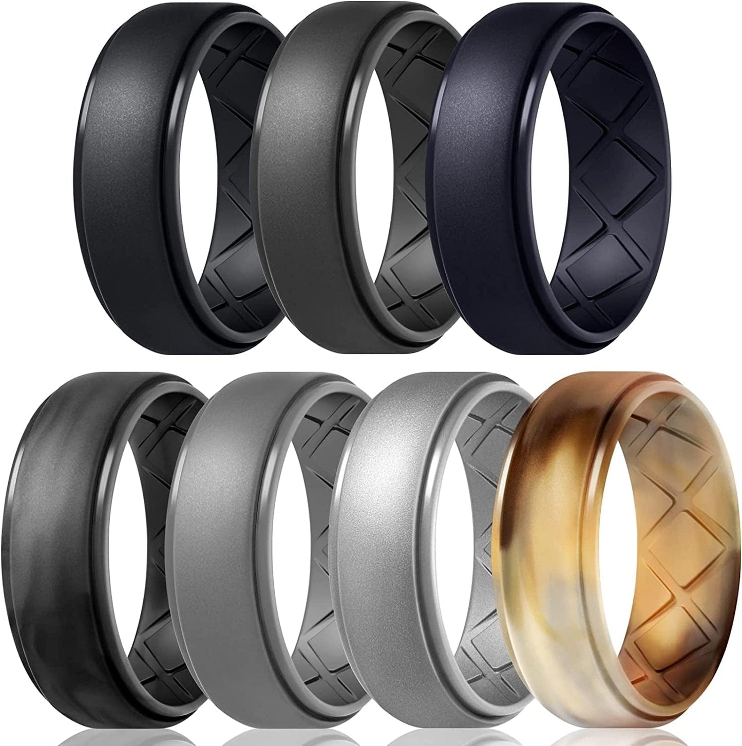 Inner Arc Ergonomic Breathable Design, Silicone Rings Mens with Half Sizes, 7 Rings / 4 Rings / 1 Ring Rubber Wedding Bands, 10Mm Wide-2.5Mm Thick… SETM32-Black,Onyx Black,Phantom Black,Black Gray Camo,Camo Sand,Dark Gray,Silver / 8(18.2mm)