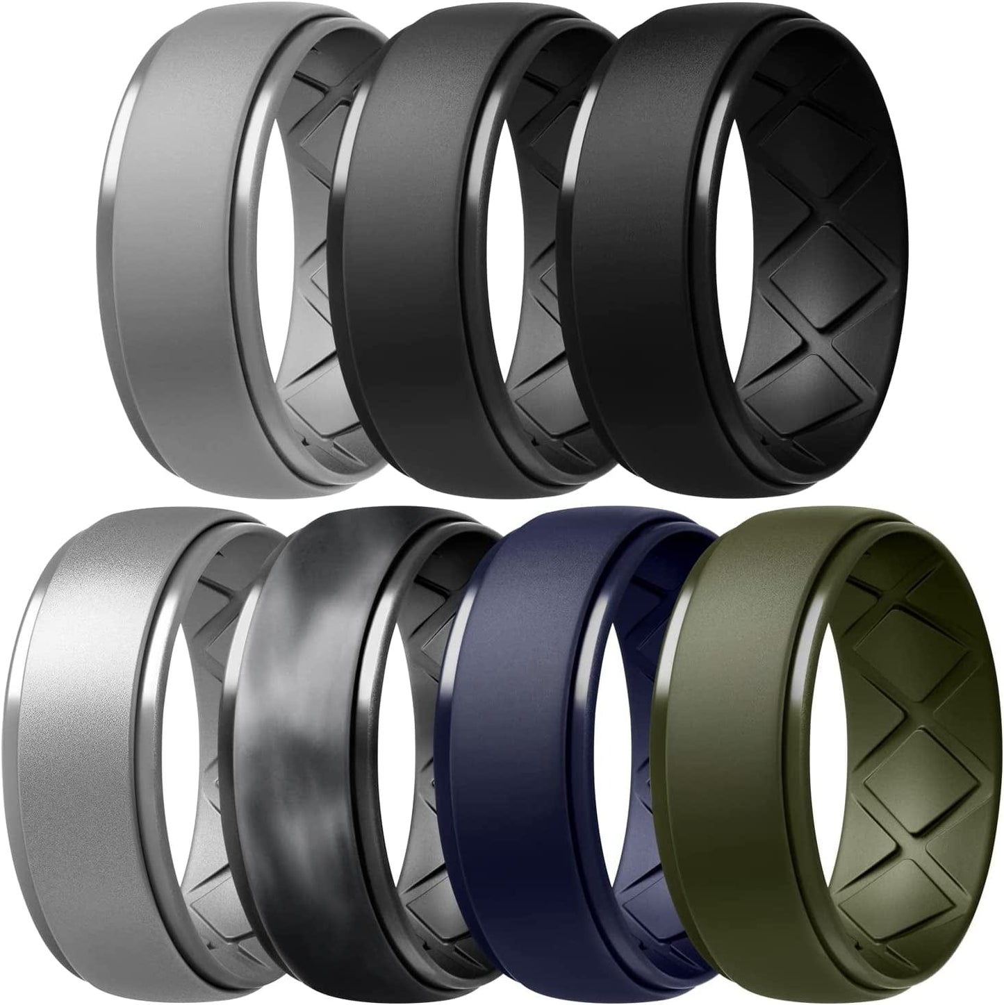 Inner Arc Ergonomic Breathable Design, Silicone Rings Mens with Half Sizes, 7 Rings / 4 Rings / 1 Ring Rubber Wedding Bands, 10Mm Wide-2.5Mm Thick… SETH1-Black,Black Gray,Light Gray,Metallic Silver,Dark Blue,Black Gray-Black Camo,Olive Green / 12.5(21.8mm)