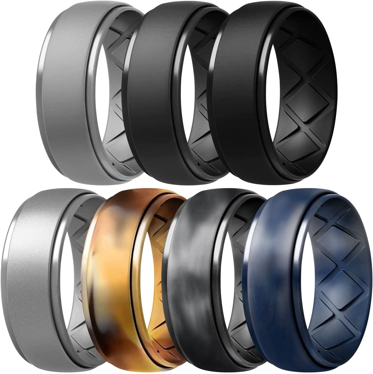 Inner Arc Ergonomic Breathable Design, Silicone Rings Mens with Half Sizes, 7 Rings / 4 Rings / 1 Ring Rubber Wedding Bands, 10Mm Wide-2.5Mm Thick… SETG-Black,Black Gray,Light Grey,Metallic Silver,Camo Sand,,Black Gray-Black Camo,Black Gray-Dark Blue Camo / 7.5(17.8m)