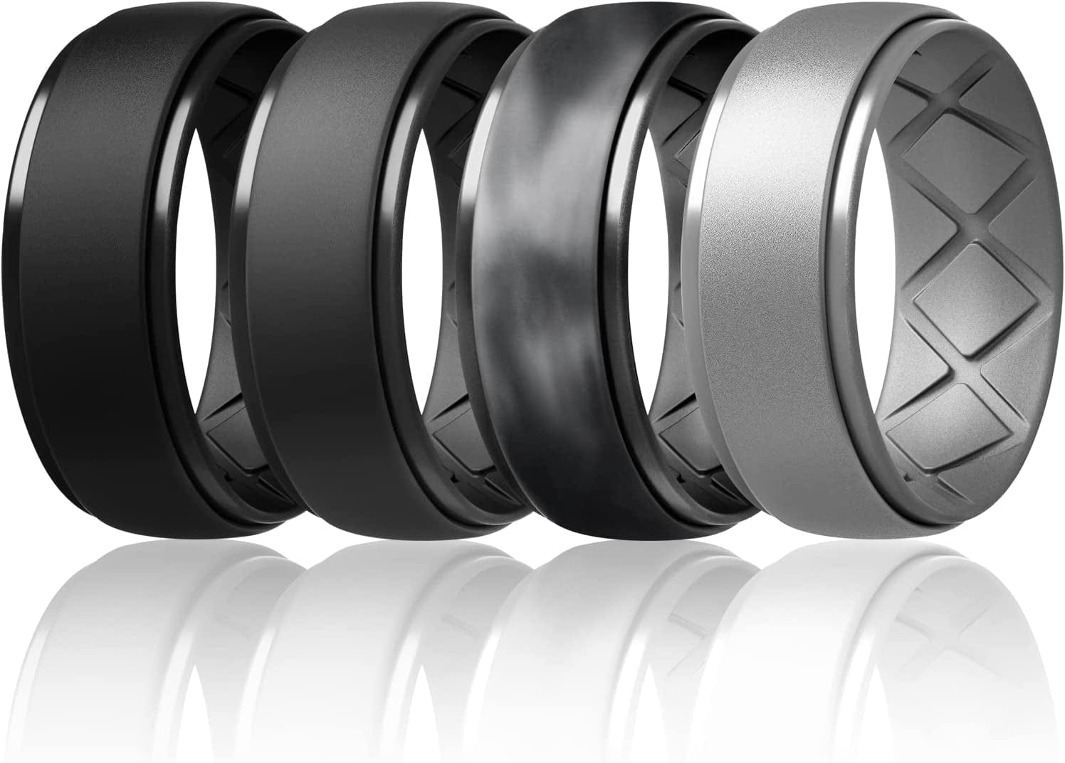 Inner Arc Ergonomic Breathable Design, Silicone Rings Mens with Half Sizes, 7 Rings / 4 Rings / 1 Ring Rubber Wedding Bands, 10Mm Wide-2.5Mm Thick… SETB-Black,Black Gray,Black Gray-Dark Black Camo,Metallic Silver / 16(24.5mm)