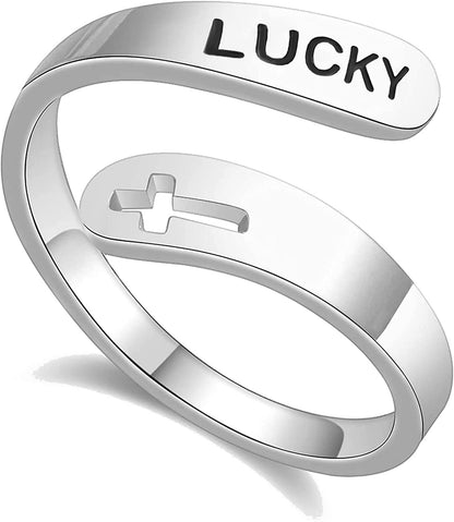 Inspirational Gifts for Women Stainless Steel Silver Cross Faith Ring Open Statement Rings for Women Girls Lucky