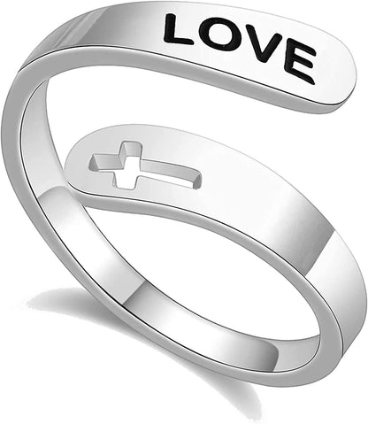 Inspirational Gifts for Women Stainless Steel Silver Cross Faith Ring Open Statement Rings for Women Girls Love