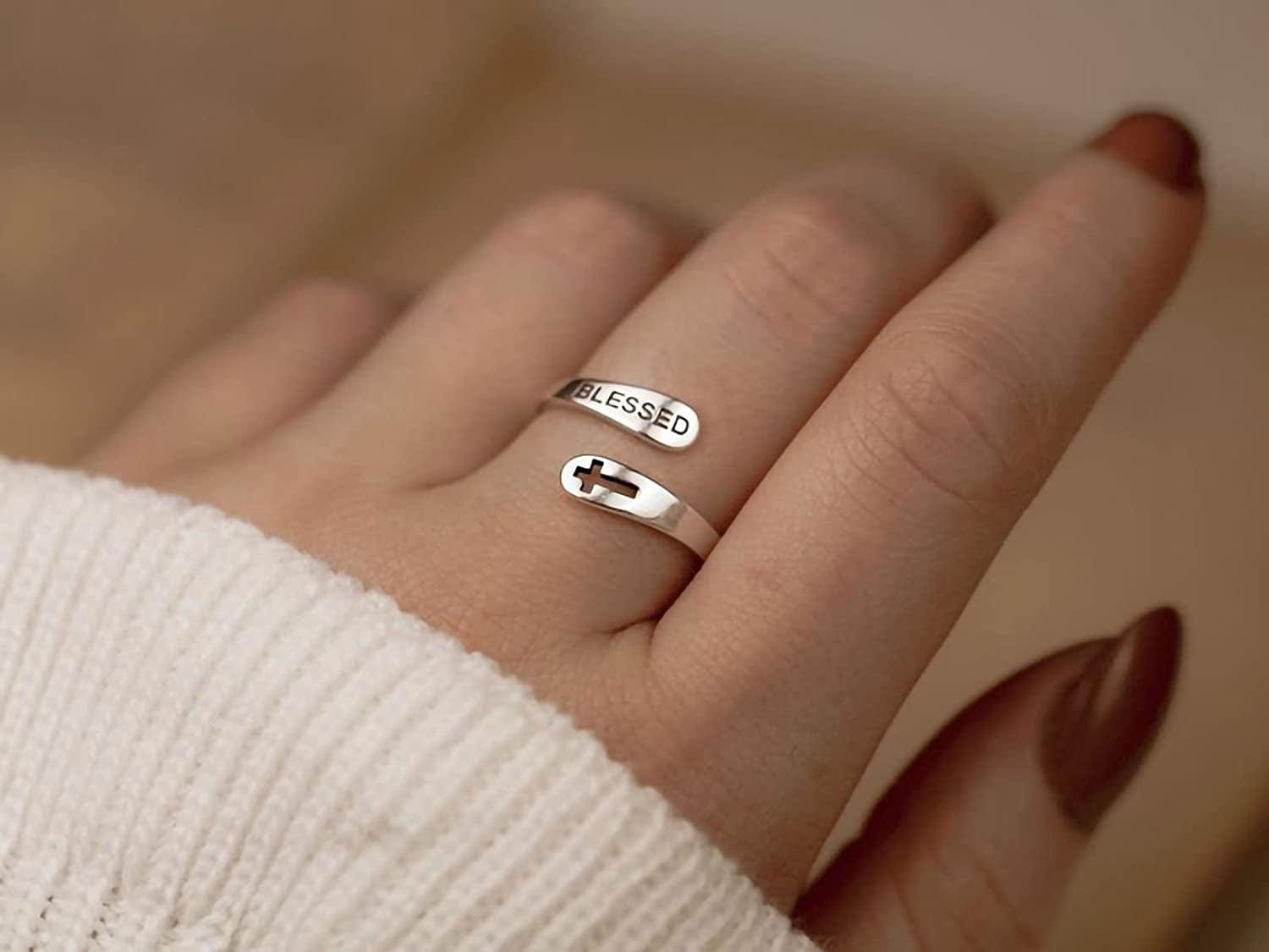 Inspirational Gifts for Women Stainless Steel Silver Cross Faith Ring Open Statement Rings for Women Girls