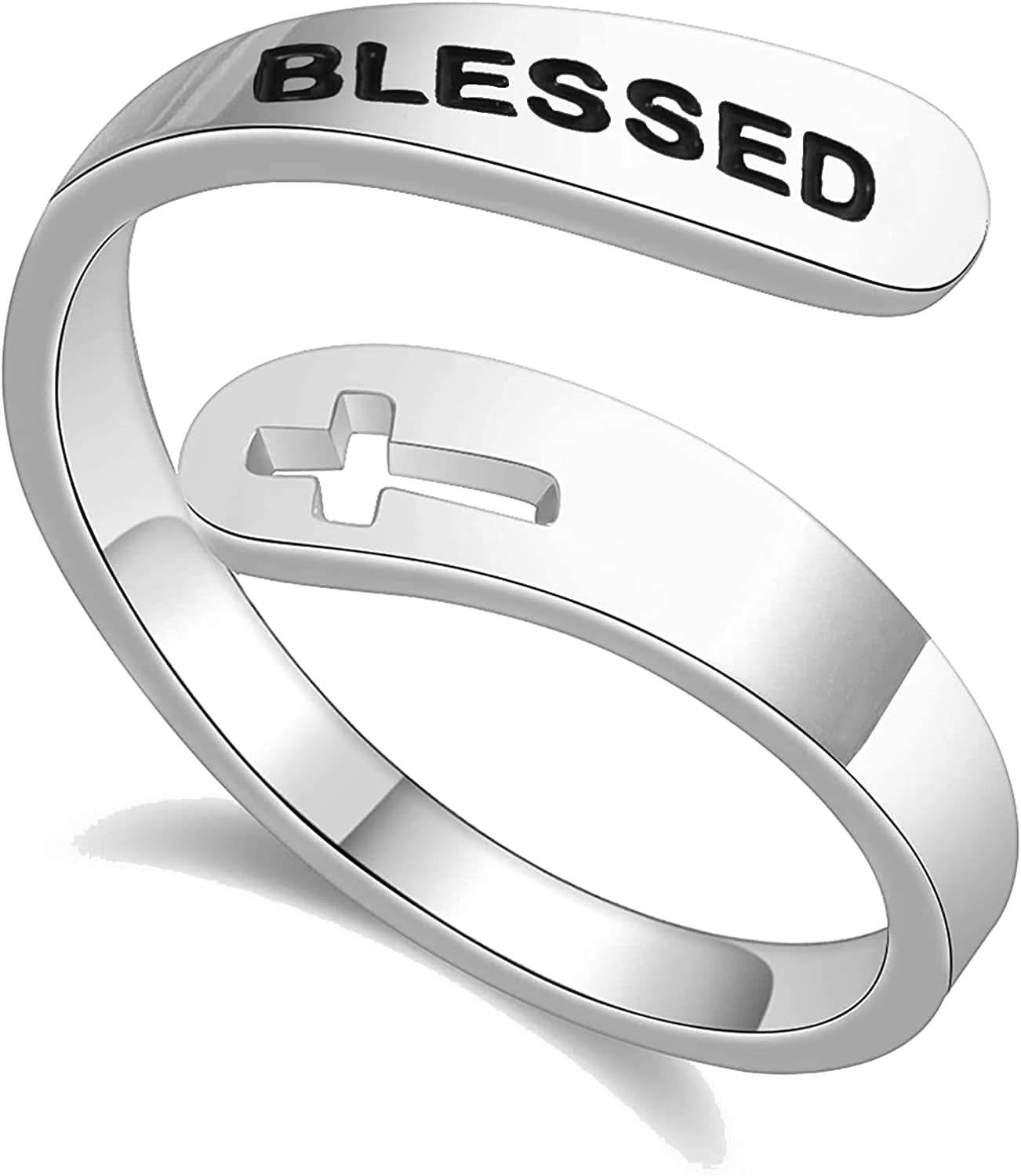 Inspirational Gifts for Women Stainless Steel Silver Cross Faith Ring Open Statement Rings for Women Girls Blessed